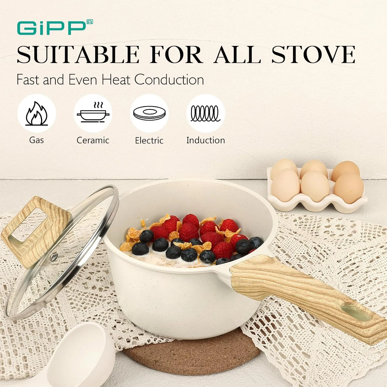 GiPP 1.5Qt & 2.5Qt Sauce Pan Set with Lid Nonstick - White Granite Non Stick Saucepan 4Pcs Sauce Pots Cooking Pot with Stay-cool Handle, Small Kitchen Pots Set Induction Pot, PFOA Free