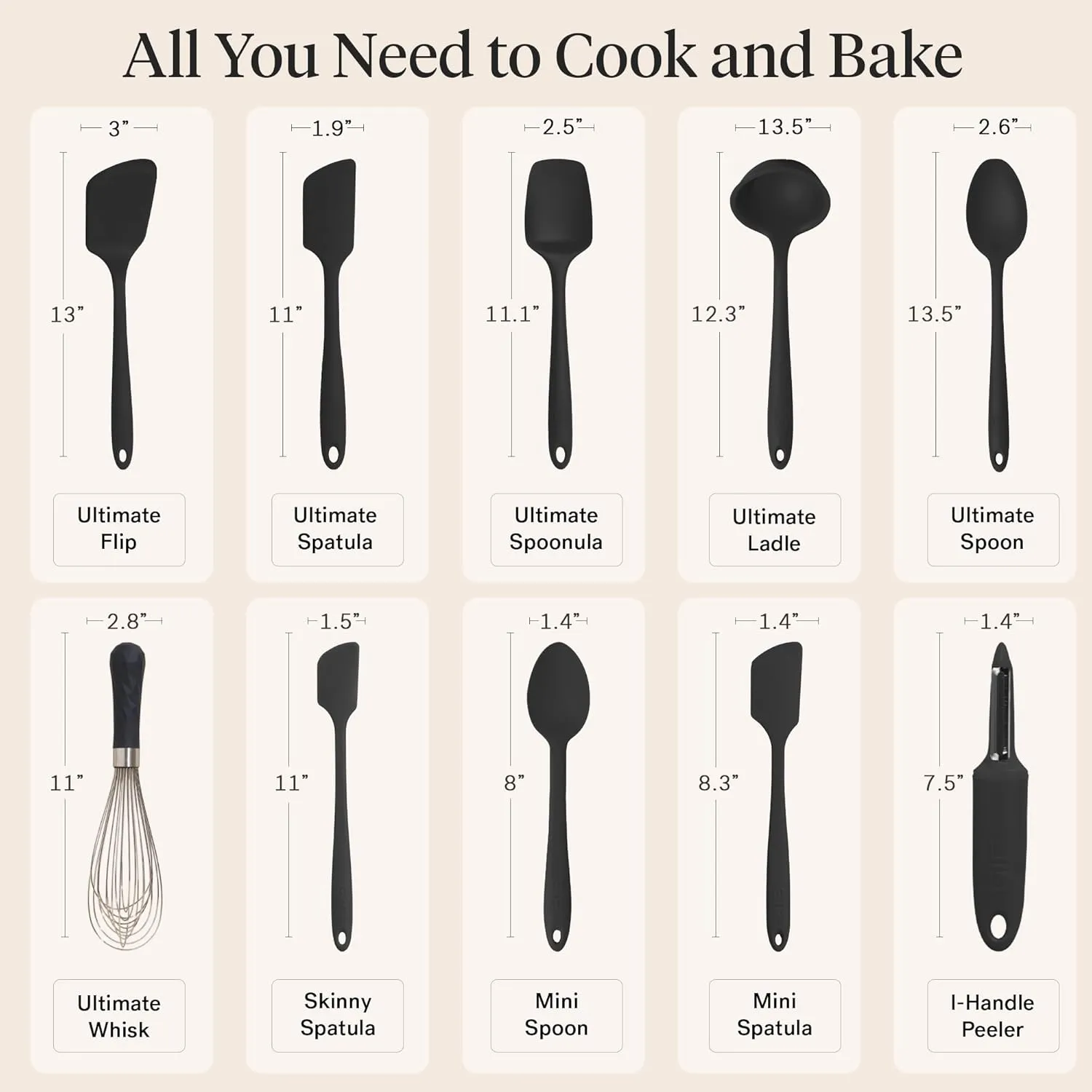 GIR: Get It Right 10 Piece Silicone Cooking Utensils Set - Ladle, Spatulas, Flip, Spoons, Whisk, Potato Peeler & Spoonula - Heat Resistant & Dishwasher Safe - Black Kitchen Utensils Set