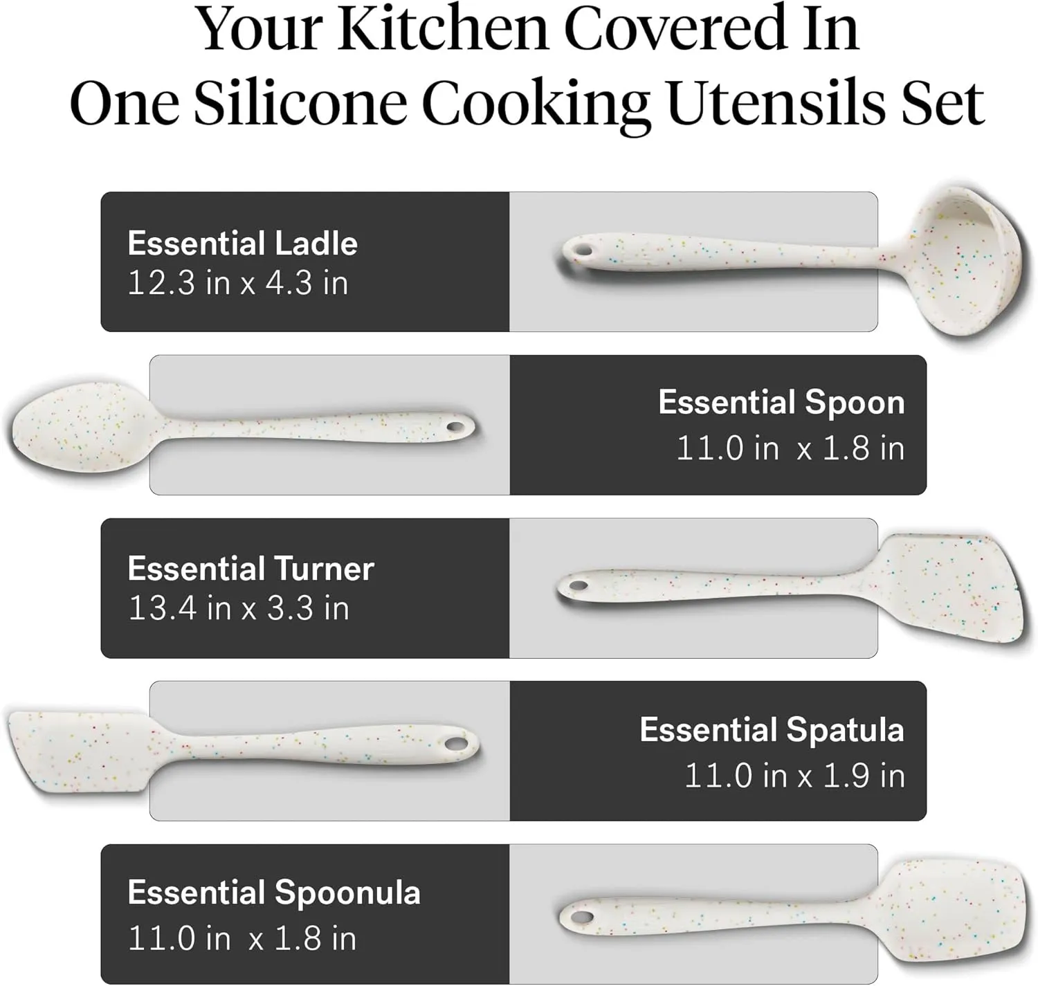GIR: Get It Right - 5 Piece Essentials All Purpose Set - Ladle, Spatula, Flip, Spoon & Spoonula, Non-stick, Heat Resistant, Dishwasher Safe, Kitchen Utensils, Baking Supplies - Party Confetti