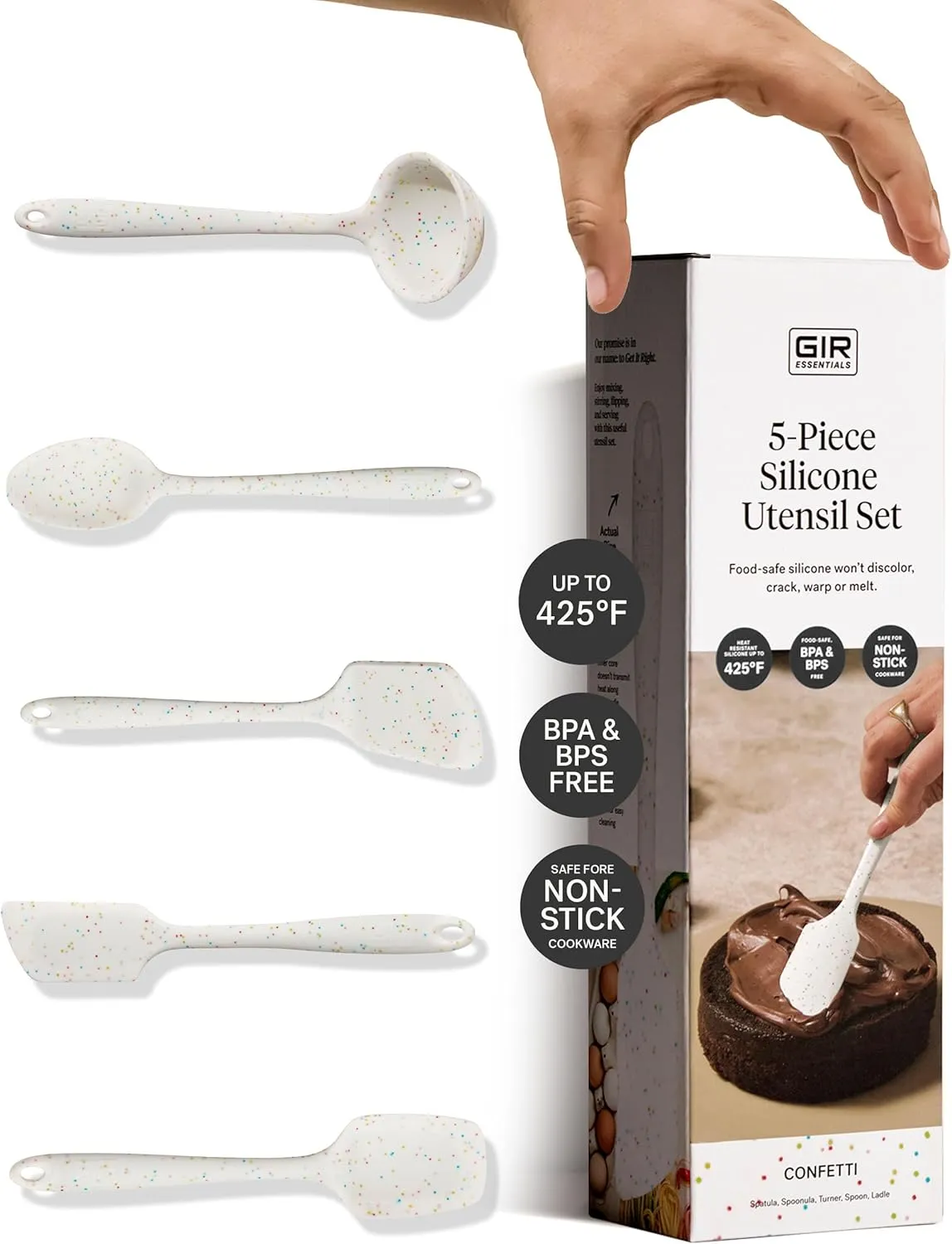 GIR: Get It Right - 5 Piece Essentials All Purpose Set - Ladle, Spatula, Flip, Spoon & Spoonula, Non-stick, Heat Resistant, Dishwasher Safe, Kitchen Utensils, Baking Supplies - Party Confetti