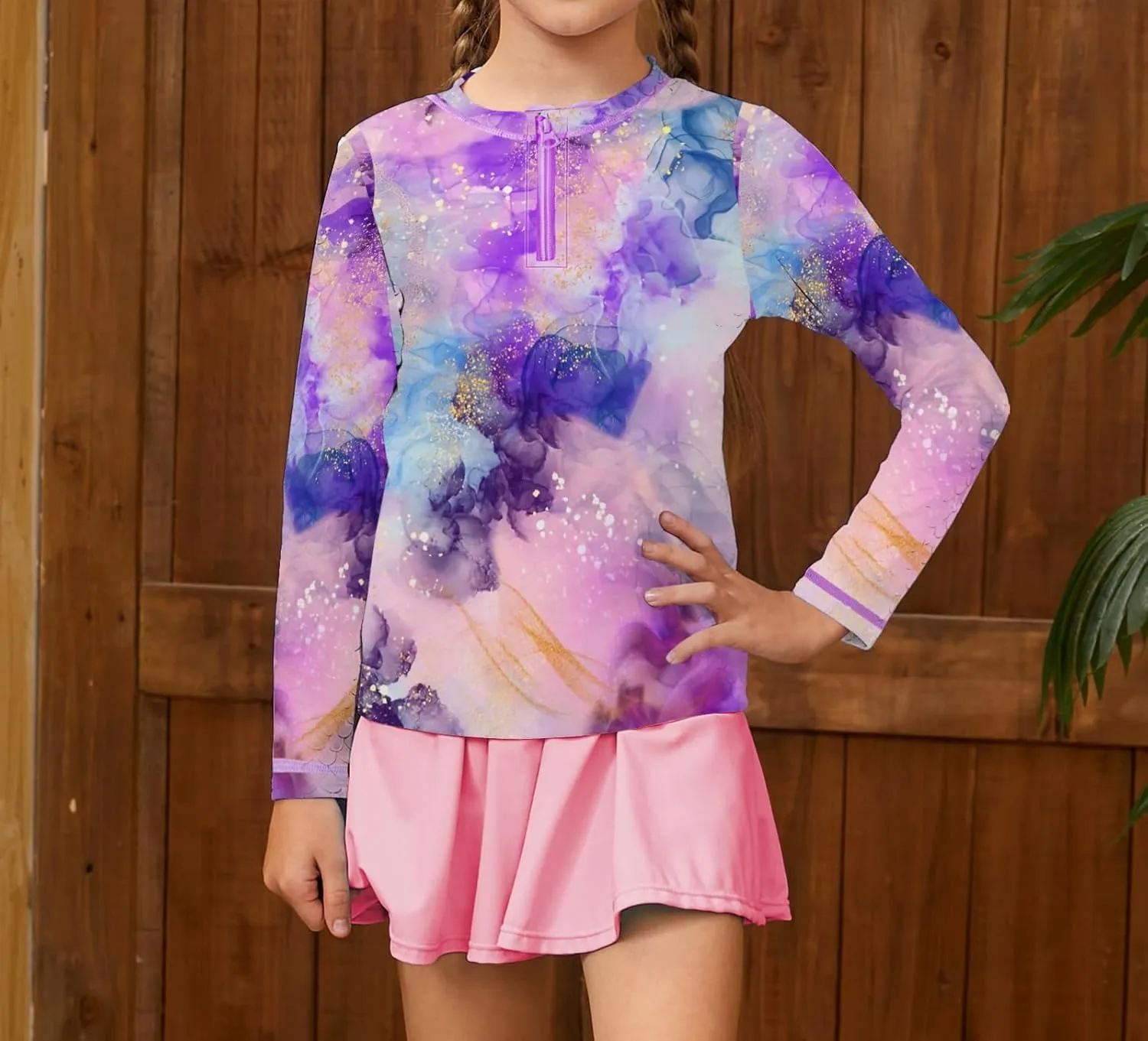 Girls Rash Guard Set Two Pieces Printed Zipper Swimsuit Skirt with Shorts 3-12T