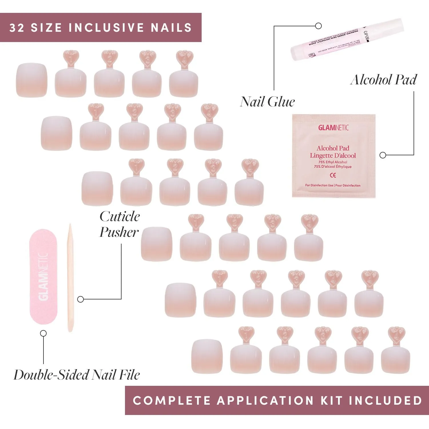 Glamnetic Press On Toenails - Creamer | Neutral Nude and White Ombre Fake Toe Nails with a Glossy Finish | 16 Sizes - 32 Toe Nail Kit with Glue