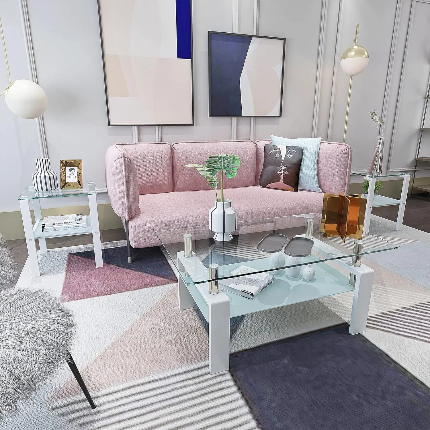 Glass Coffee Table Set of 3 Piece for Living Room, Modern Design Living Room Tables Set, Rectangle White Coffee Table and end Table Sets, White Metal Legs, Tempered Glass