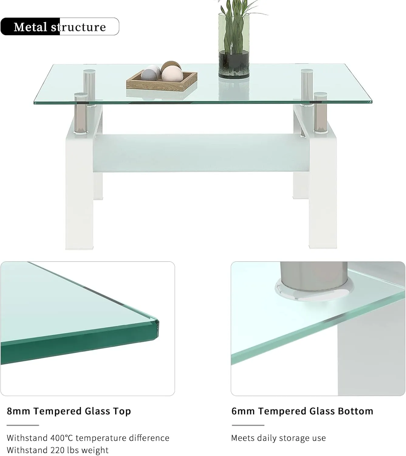 Glass Coffee Table Set of 3 Piece for Living Room, Modern Design Living Room Tables Set, Rectangle White Coffee Table and end Table Sets, White Metal Legs, Tempered Glass