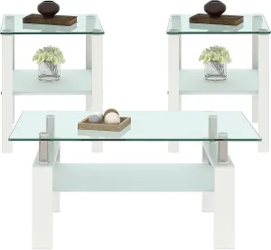 Glass Coffee Table Set of 3 Piece for Living Room, Modern Design Living Room Tables Set, Rectangle White Coffee Table and end Table Sets, White Metal Legs, Tempered Glass