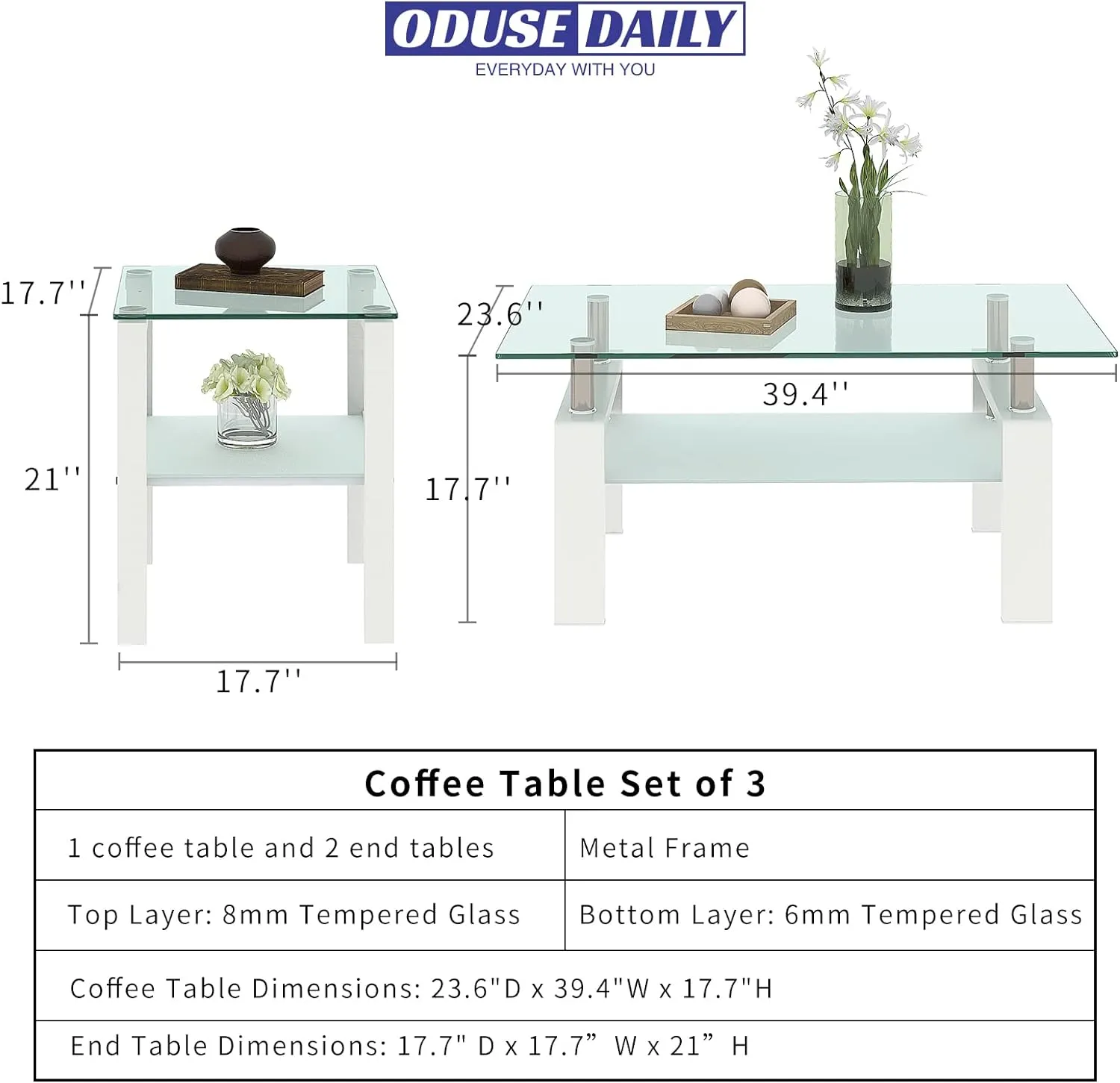 Glass Coffee Table Set of 3 Piece for Living Room, Modern Design Living Room Tables Set, Rectangle White Coffee Table and end Table Sets, White Metal Legs, Tempered Glass