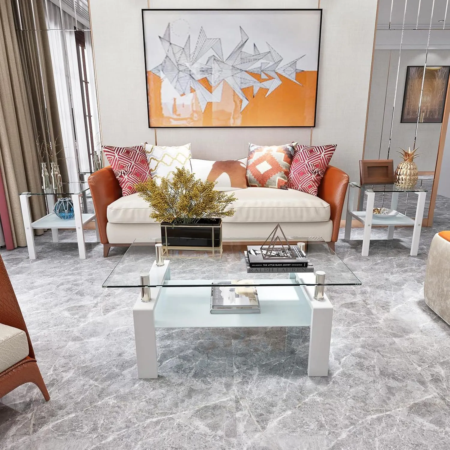 Glass Coffee Table Set of 3 Piece for Living Room, Modern Design Living Room Tables Set, Rectangle White Coffee Table and end Table Sets, White Metal Legs, Tempered Glass