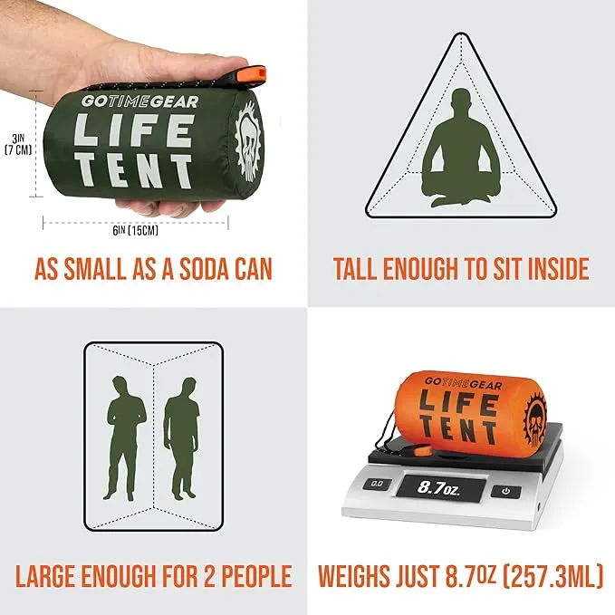 Go Time Gear Survival Life Tent • 2 Person Mylar Emergency Shelter Tube Tent   Paracord • All-Weather Protection for Camping, Hiking, & Survival Kits • Includes Emergency Whistle