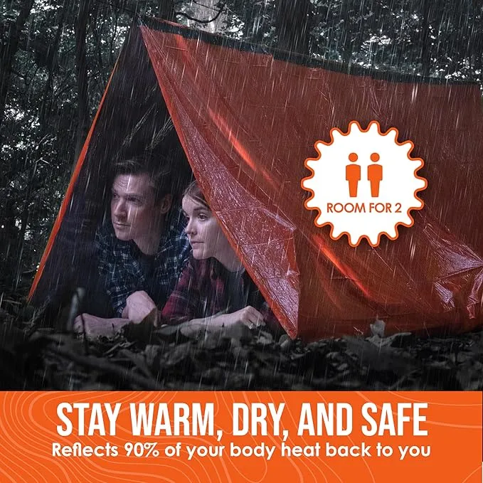 Go Time Gear Survival Life Tent • 2 Person Mylar Emergency Shelter Tube Tent   Paracord • All-Weather Protection for Camping, Hiking, & Survival Kits • Includes Emergency Whistle