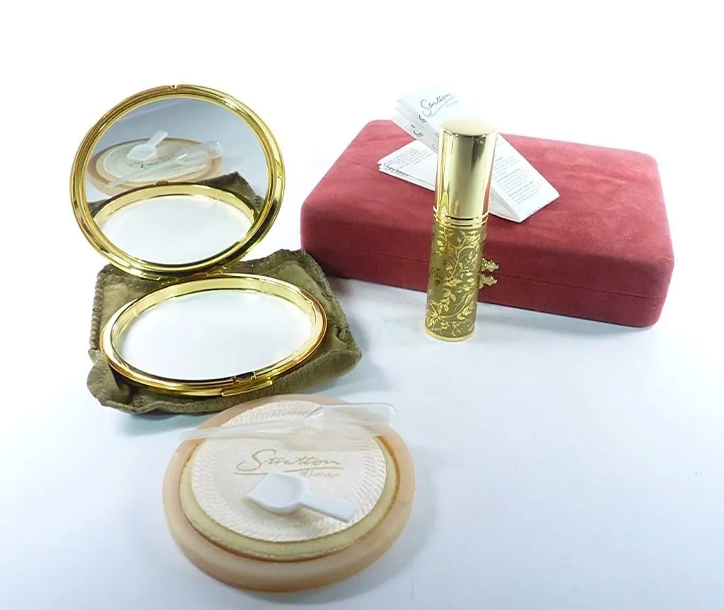 Gold Plated Stratton Compact Mirror And Perfume Atomizer Cased Set 1990s
