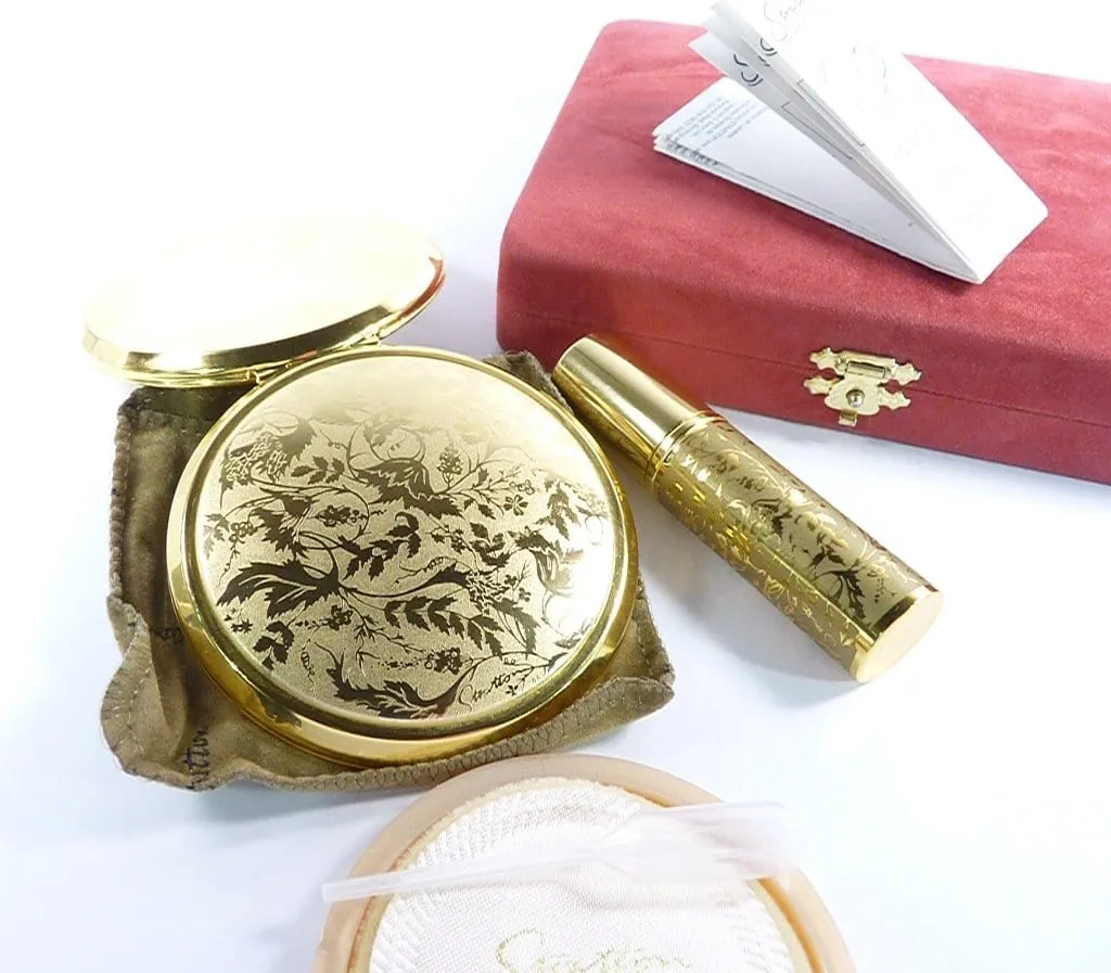 Gold Plated Stratton Compact Mirror And Perfume Atomizer Cased Set 1990s