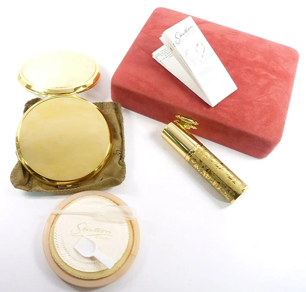 Gold Plated Stratton Compact Mirror And Perfume Atomizer Cased Set 1990s