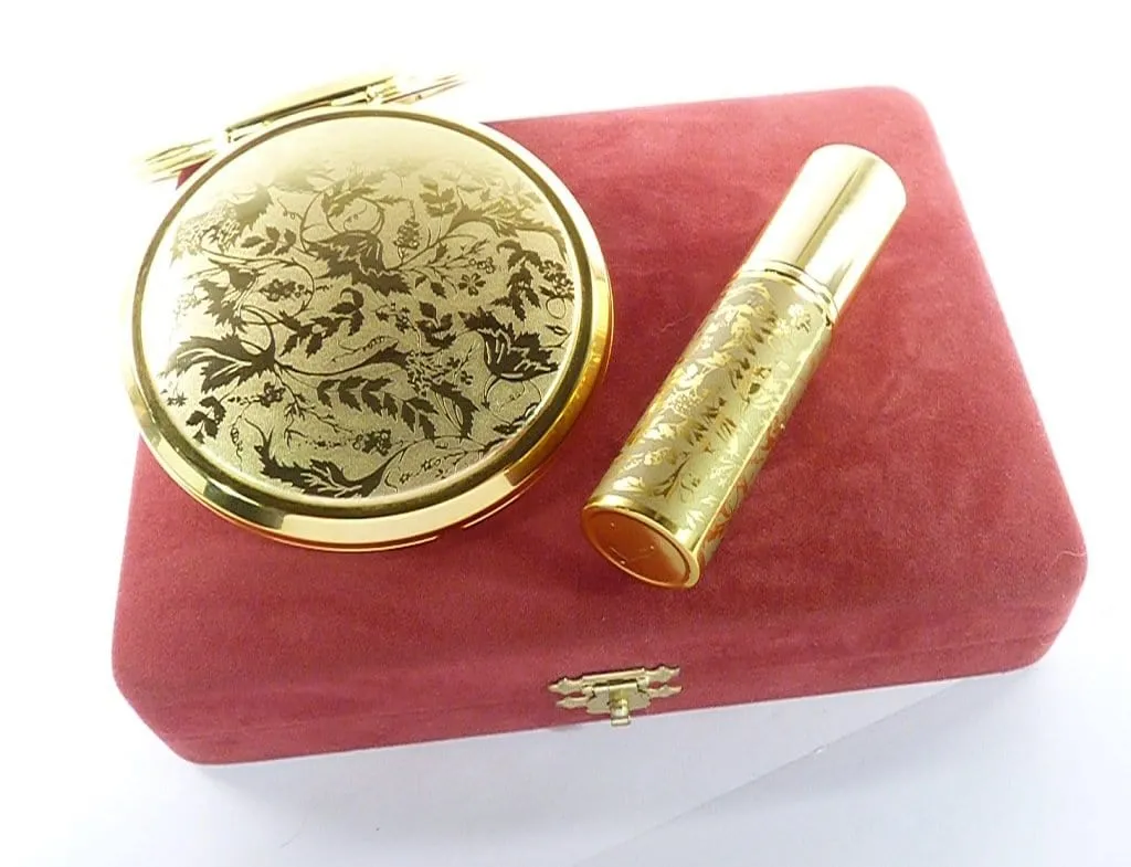 Gold Plated Stratton Compact Mirror And Perfume Atomizer Cased Set 1990s