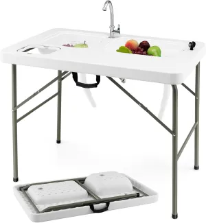 Goplus Folding Fish Cleaning Table with Dual Water Basins, Heavy Duty Fillet Table with Hose Hook Up, Sink and Faucet, Portable Outdoor Camping Sink Station for Dock Beach Patio Picnic, 40''