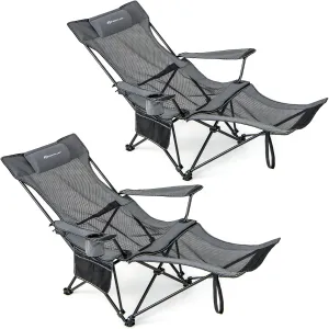 Goplus Reclining Camping Chair with Foot Rest, Folding Lounge Chair for Adults, w/Adjustable Backrest, Storage Bag & Cup Holder, Portable Recliner Beach Chair Outdoor Camp Picnics, 330 LBS (2, Grey)