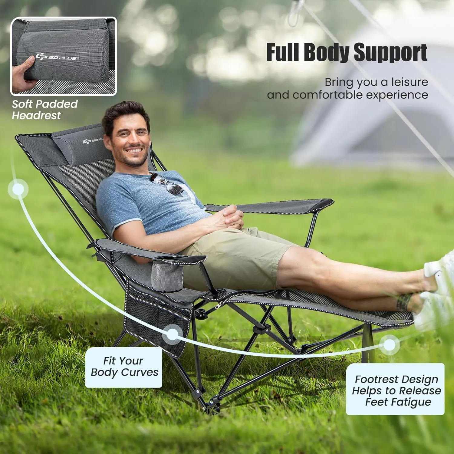Goplus Reclining Camping Chair with Foot Rest, Folding Lounge Chair for Adults, w/Adjustable Backrest, Storage Bag & Cup Holder, Portable Recliner Beach Chair Outdoor Camp Picnics, 330 LBS (2, Grey)