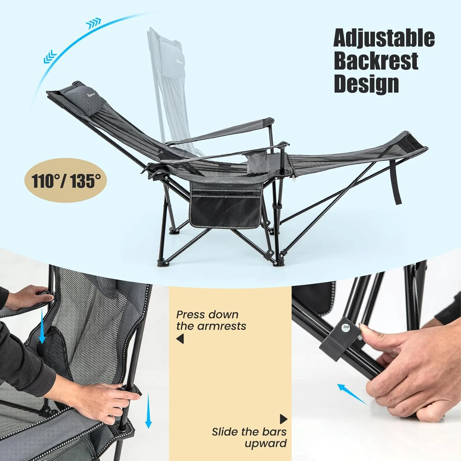 Goplus Reclining Camping Chair with Foot Rest, Folding Lounge Chair for Adults, w/Adjustable Backrest, Storage Bag & Cup Holder, Portable Recliner Beach Chair Outdoor Camp Picnics, 330 LBS (2, Grey)