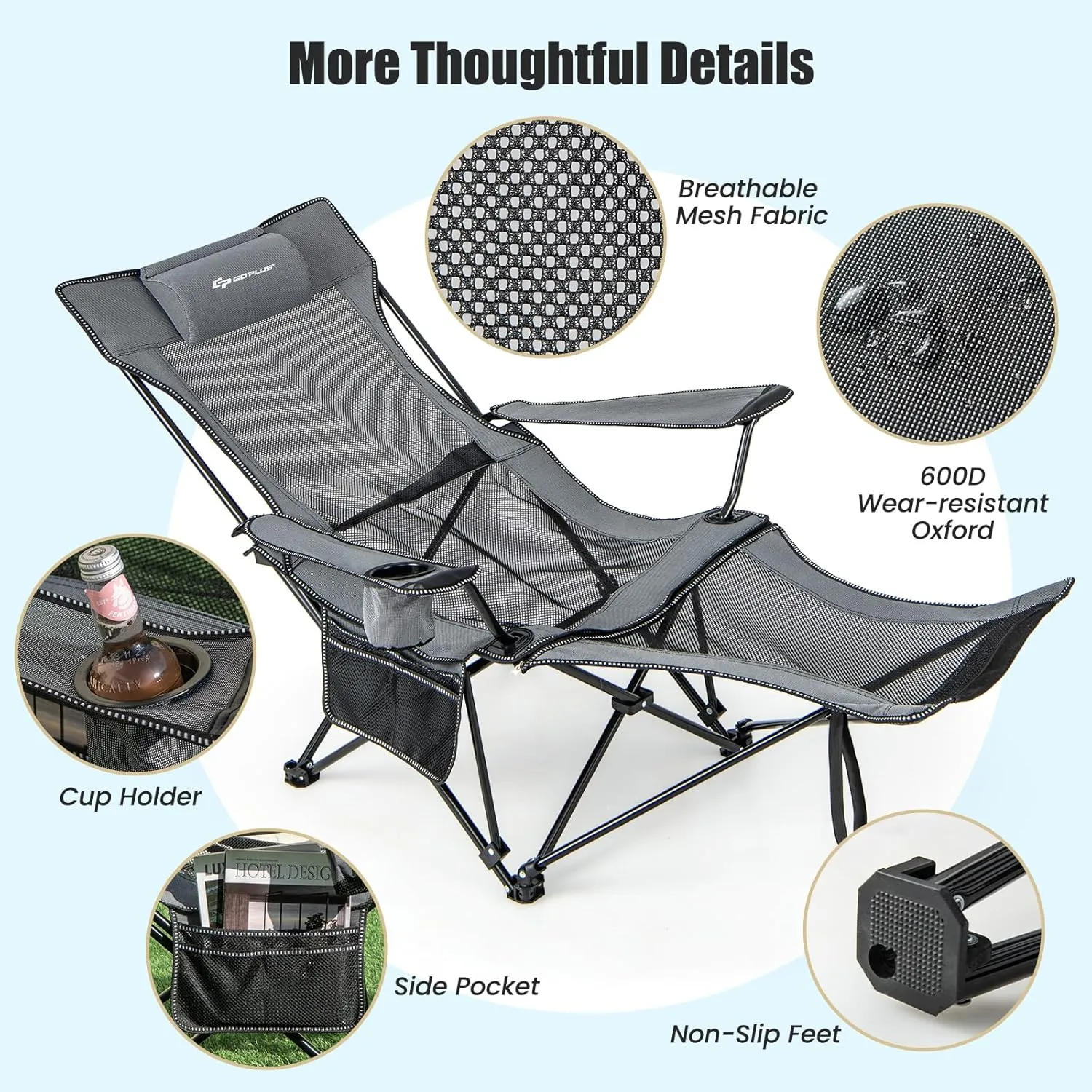Goplus Reclining Camping Chair with Foot Rest, Folding Lounge Chair for Adults, w/Adjustable Backrest, Storage Bag & Cup Holder, Portable Recliner Beach Chair Outdoor Camp Picnics, 330 LBS (2, Grey)