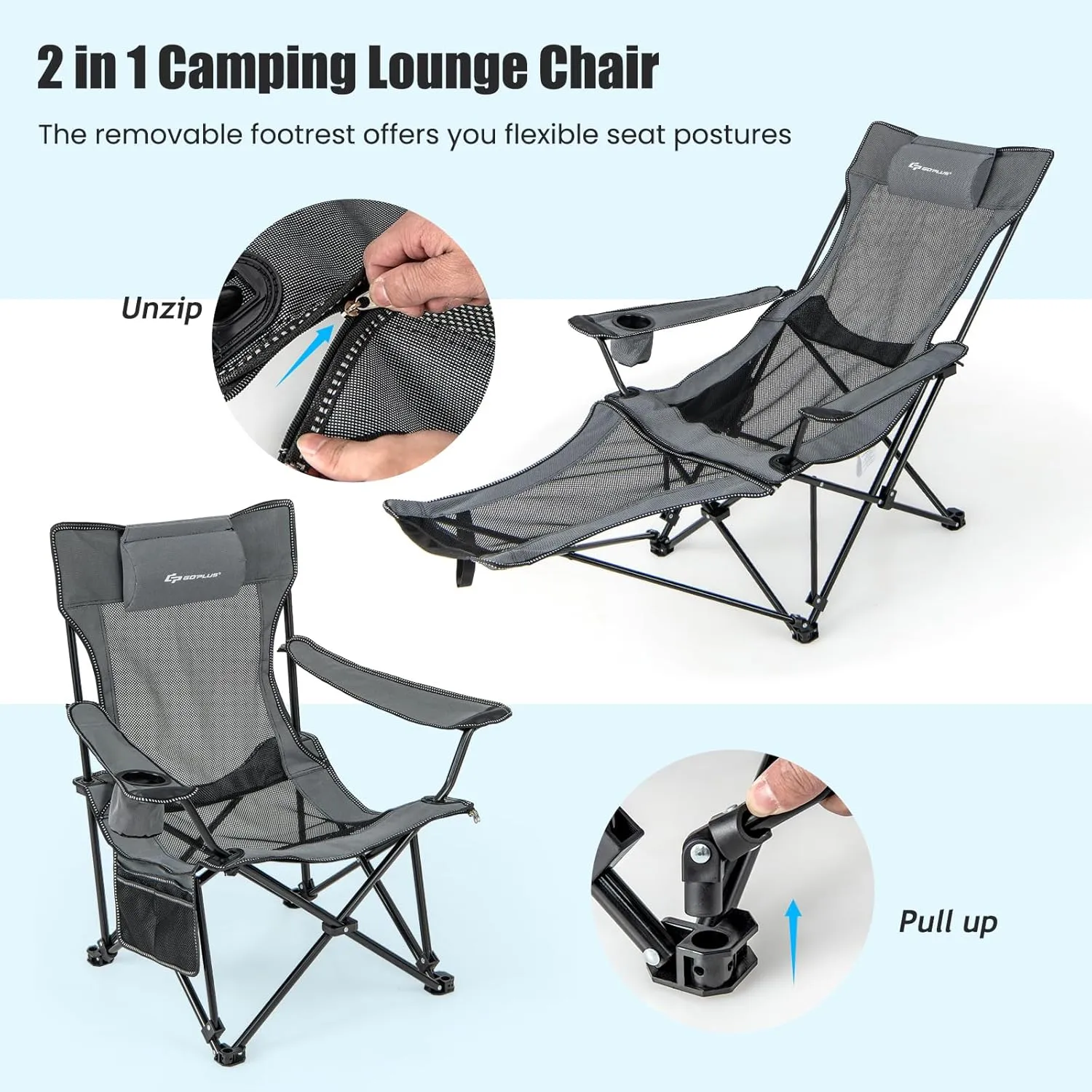 Goplus Reclining Camping Chair with Foot Rest, Folding Lounge Chair for Adults, w/Adjustable Backrest, Storage Bag & Cup Holder, Portable Recliner Beach Chair Outdoor Camp Picnics, 330 LBS (2, Grey)