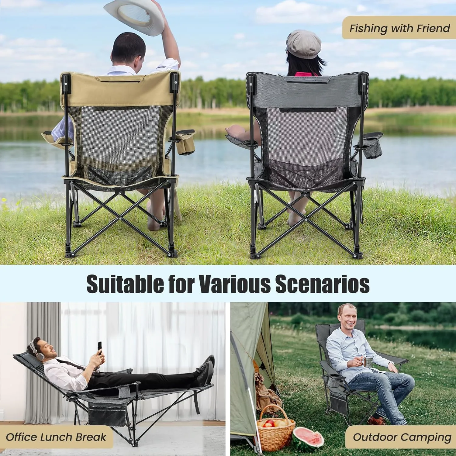 Goplus Reclining Camping Chair with Foot Rest, Folding Lounge Chair for Adults, w/Adjustable Backrest, Storage Bag & Cup Holder, Portable Recliner Beach Chair Outdoor Camp Picnics, 330 LBS (2, Grey)
