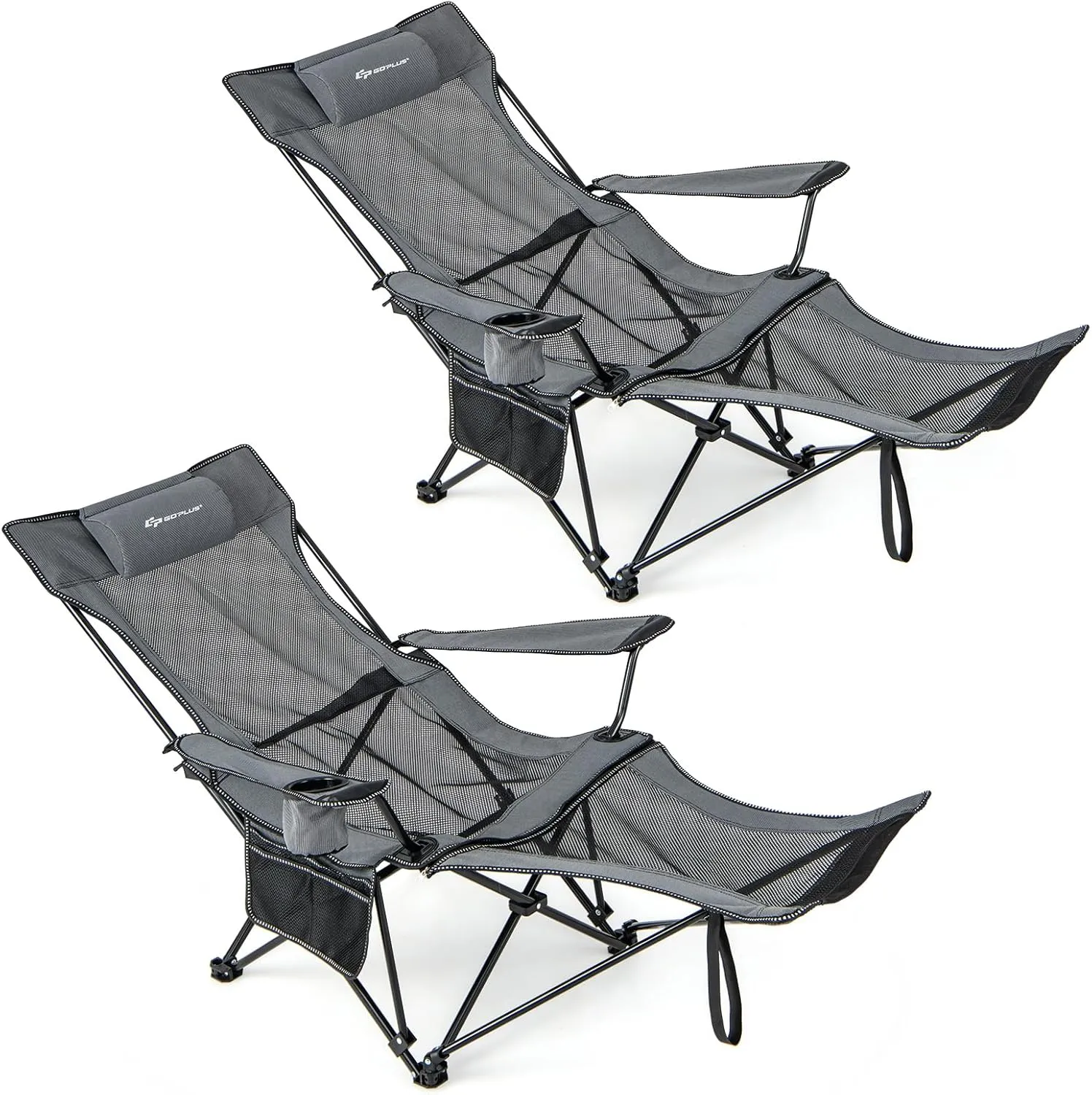 Goplus Reclining Camping Chair with Foot Rest, Folding Lounge Chair for Adults, w/Adjustable Backrest, Storage Bag & Cup Holder, Portable Recliner Beach Chair Outdoor Camp Picnics, 330 LBS (2, Grey)