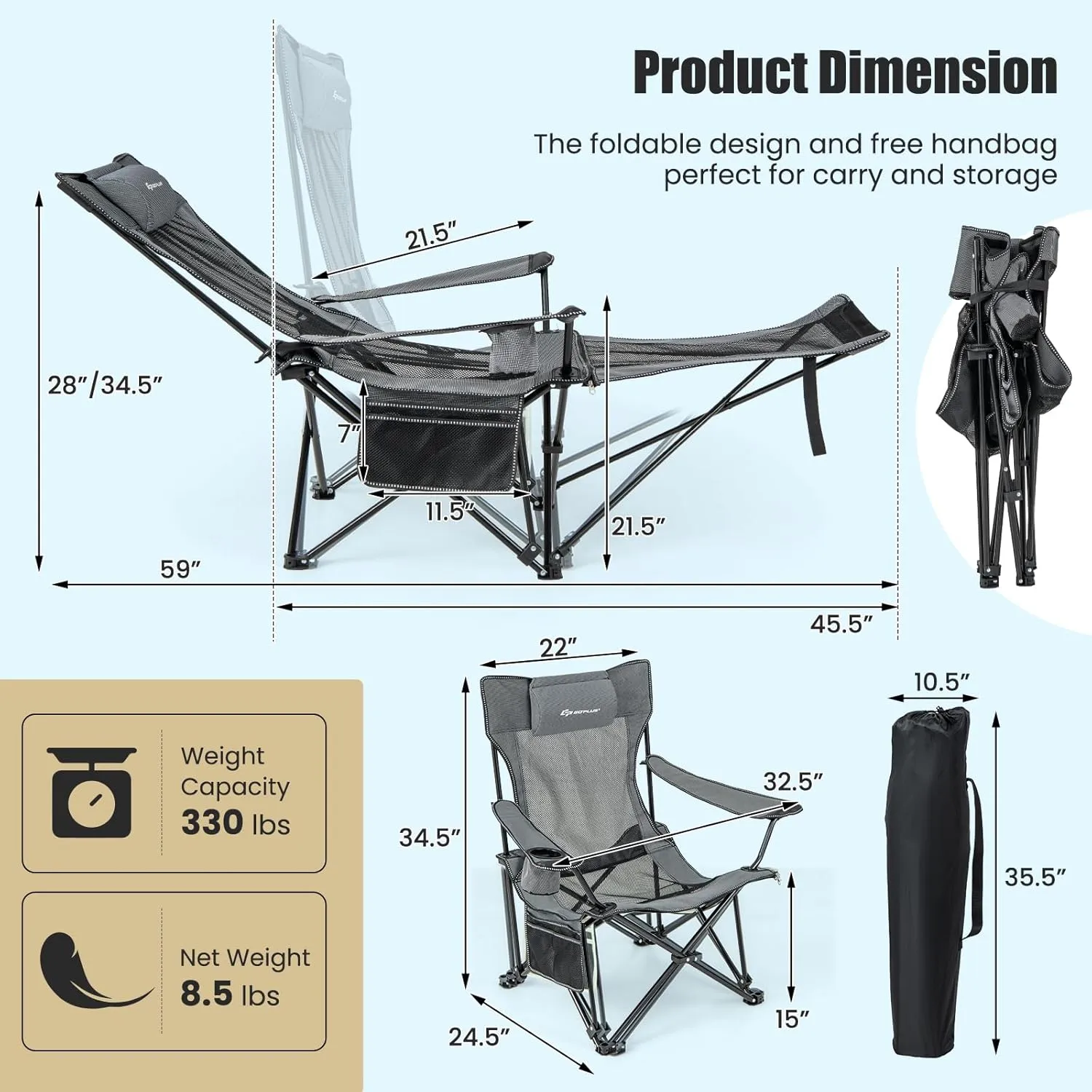 Goplus Reclining Camping Chair with Foot Rest, Folding Lounge Chair for Adults, w/Adjustable Backrest, Storage Bag & Cup Holder, Portable Recliner Beach Chair Outdoor Camp Picnics, 330 LBS (2, Grey)