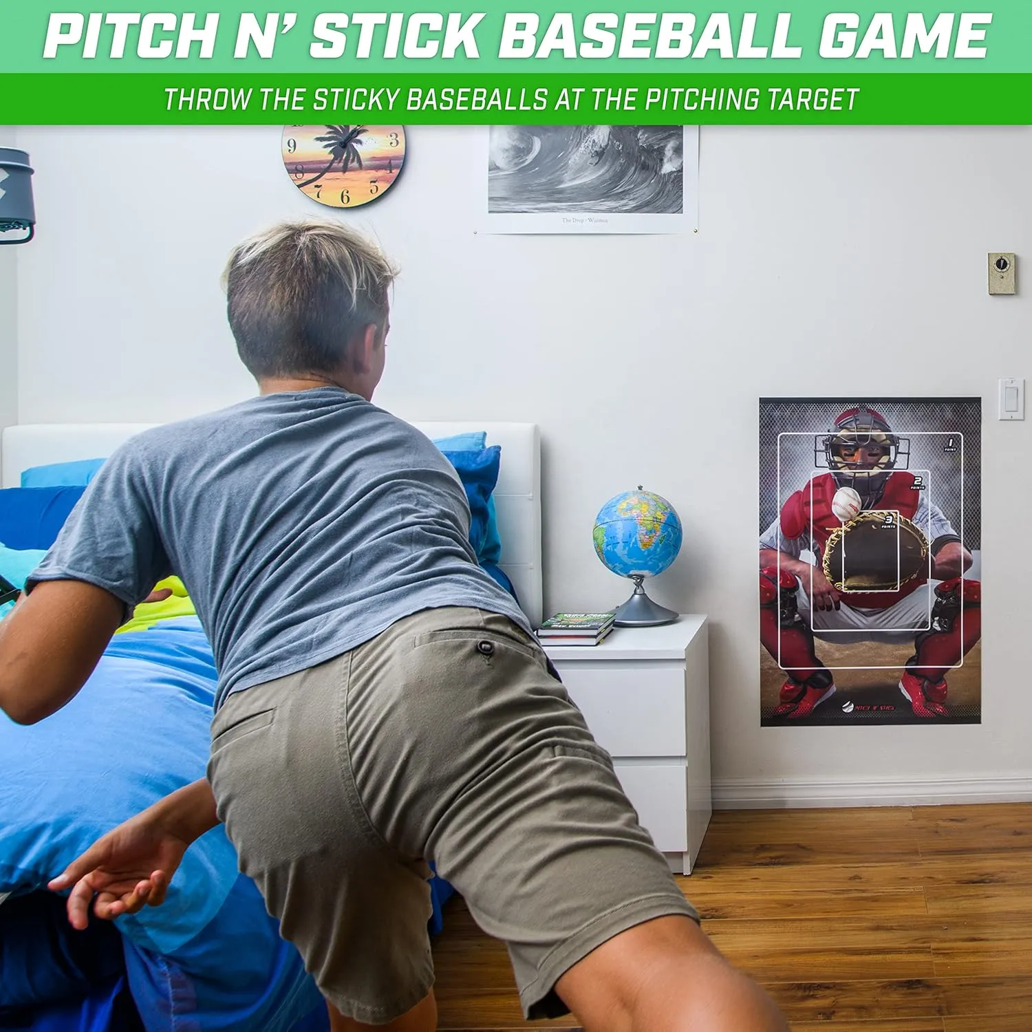 GoSports Pitch N' Stick Kids Baseball Pitching Game - Choose Between Wall Poster Game Set or 4 Replacement Sticky Ball Baseballs