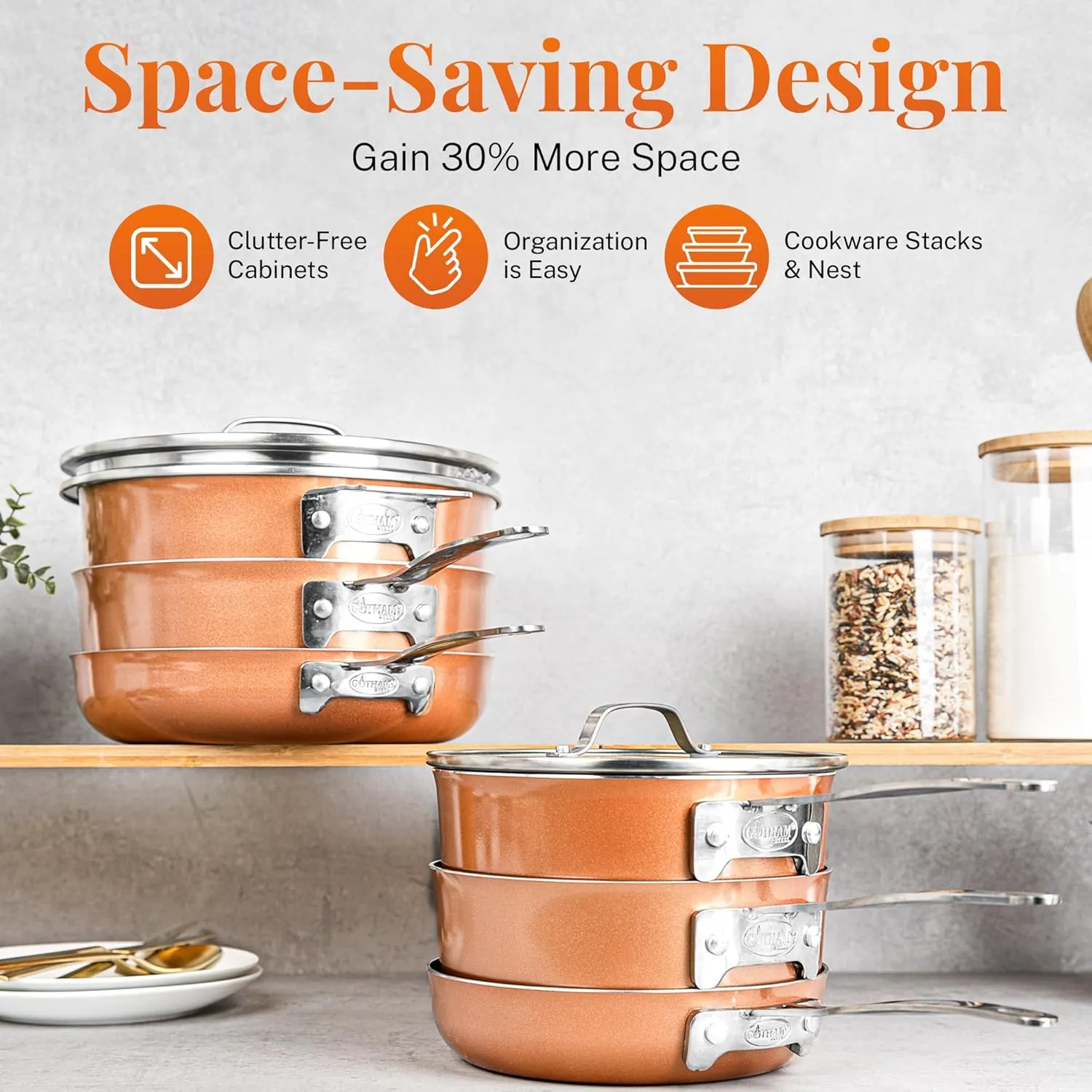 GOTHAM STEEL 10 Pc Copper Pots and Pans Set Non Stick Cookware Sets for Kitchen, Space Saving Pots and Pans with Fry Pan and Pot Set, Non Toxic, Nonstick Cookware Set, Oven and Dishwasher Safe