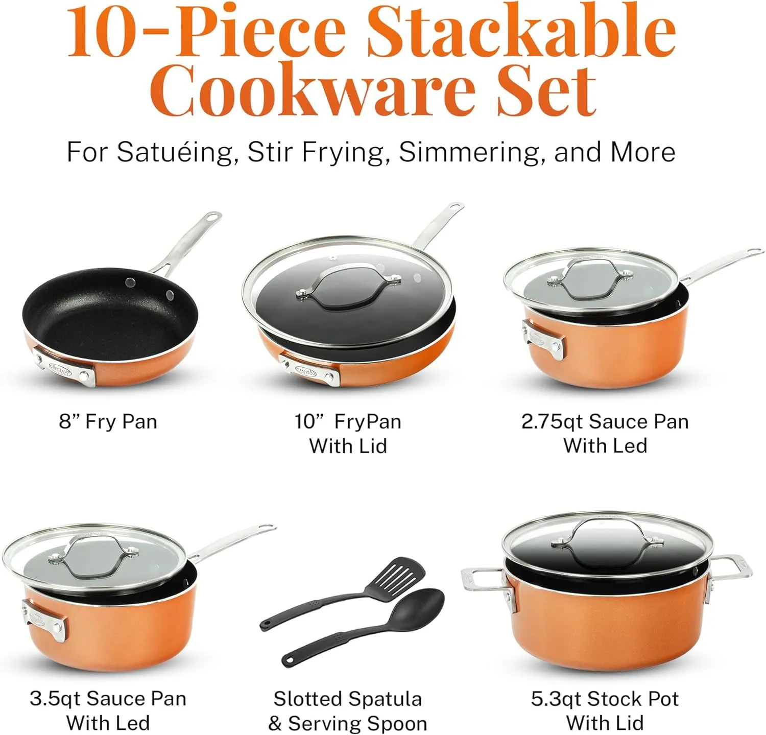 GOTHAM STEEL 10 Pc Copper Pots and Pans Set Non Stick Cookware Sets for Kitchen, Space Saving Pots and Pans with Fry Pan and Pot Set, Non Toxic, Nonstick Cookware Set, Oven and Dishwasher Safe