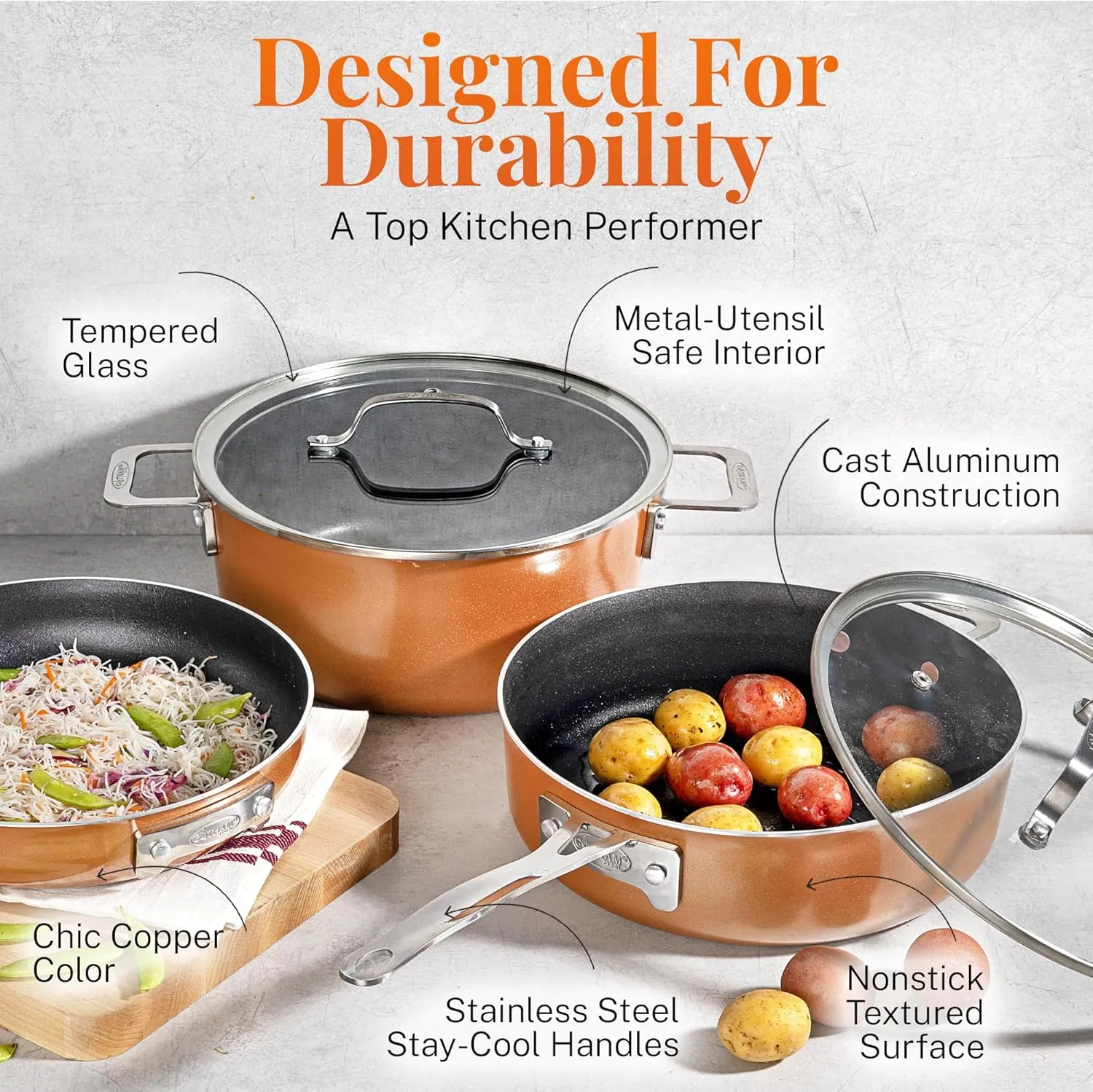GOTHAM STEEL 10 Pc Copper Pots and Pans Set Non Stick Cookware Sets for Kitchen, Space Saving Pots and Pans with Fry Pan and Pot Set, Non Toxic, Nonstick Cookware Set, Oven and Dishwasher Safe
