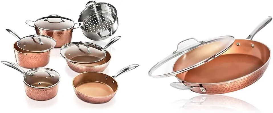 Gotham Steel 10 Pc Hammered Copper Pots and Pans Set with 14 Inch Frying Pan