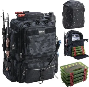 Goture Fishing Backpack with 4 Tackle Boxes,45L 600D Tackle Backpack with Rod Holders,8 Lure Pockets,Rain Cover,Large Fishing Bag Saltwater Gear Storage Bag for Camping Hiking