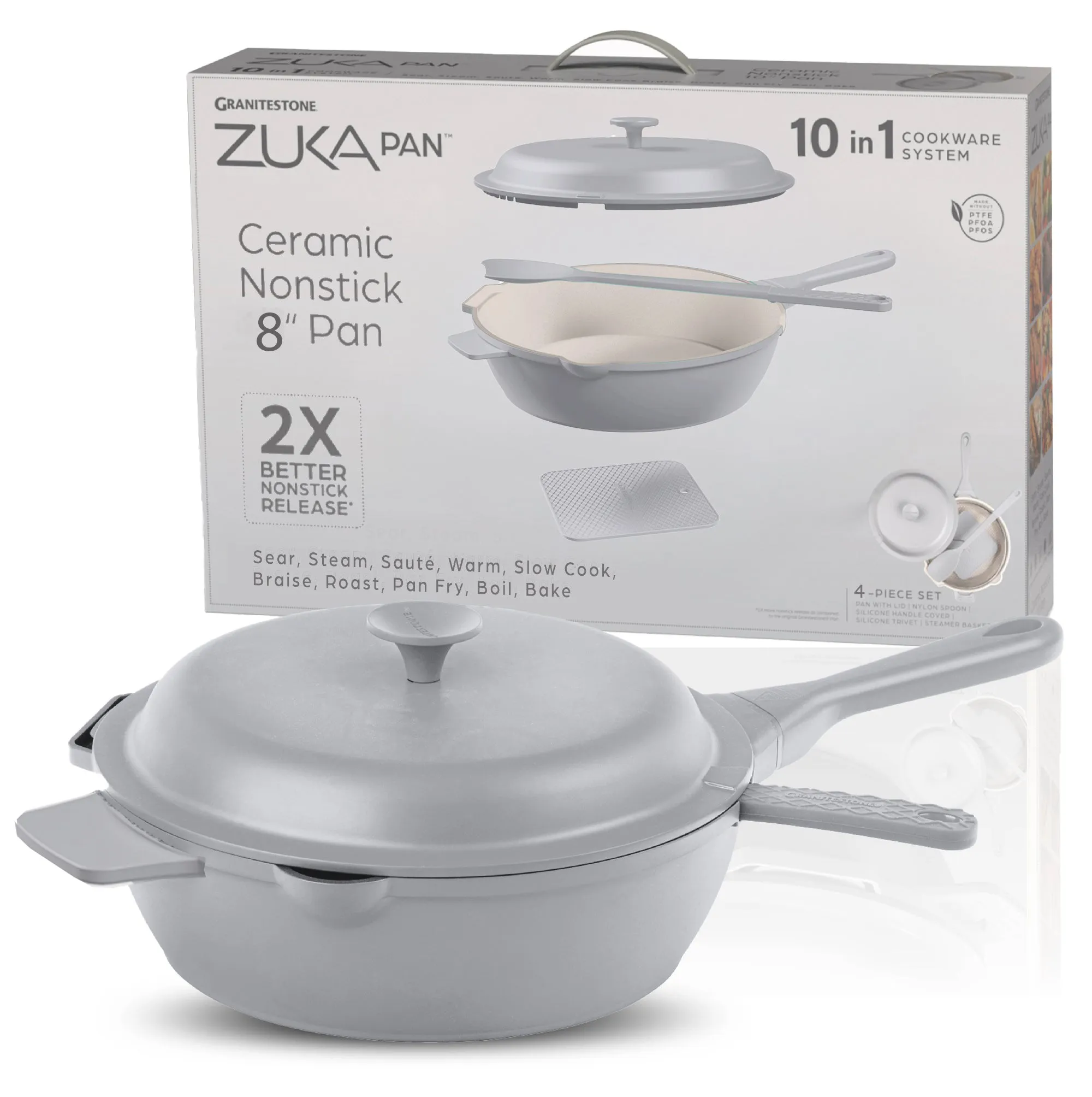 Granitestone 8" Zuka Pan – 4-Piece Multi-Functional Everyday Pan Set with Lid, & Nylon Spoon