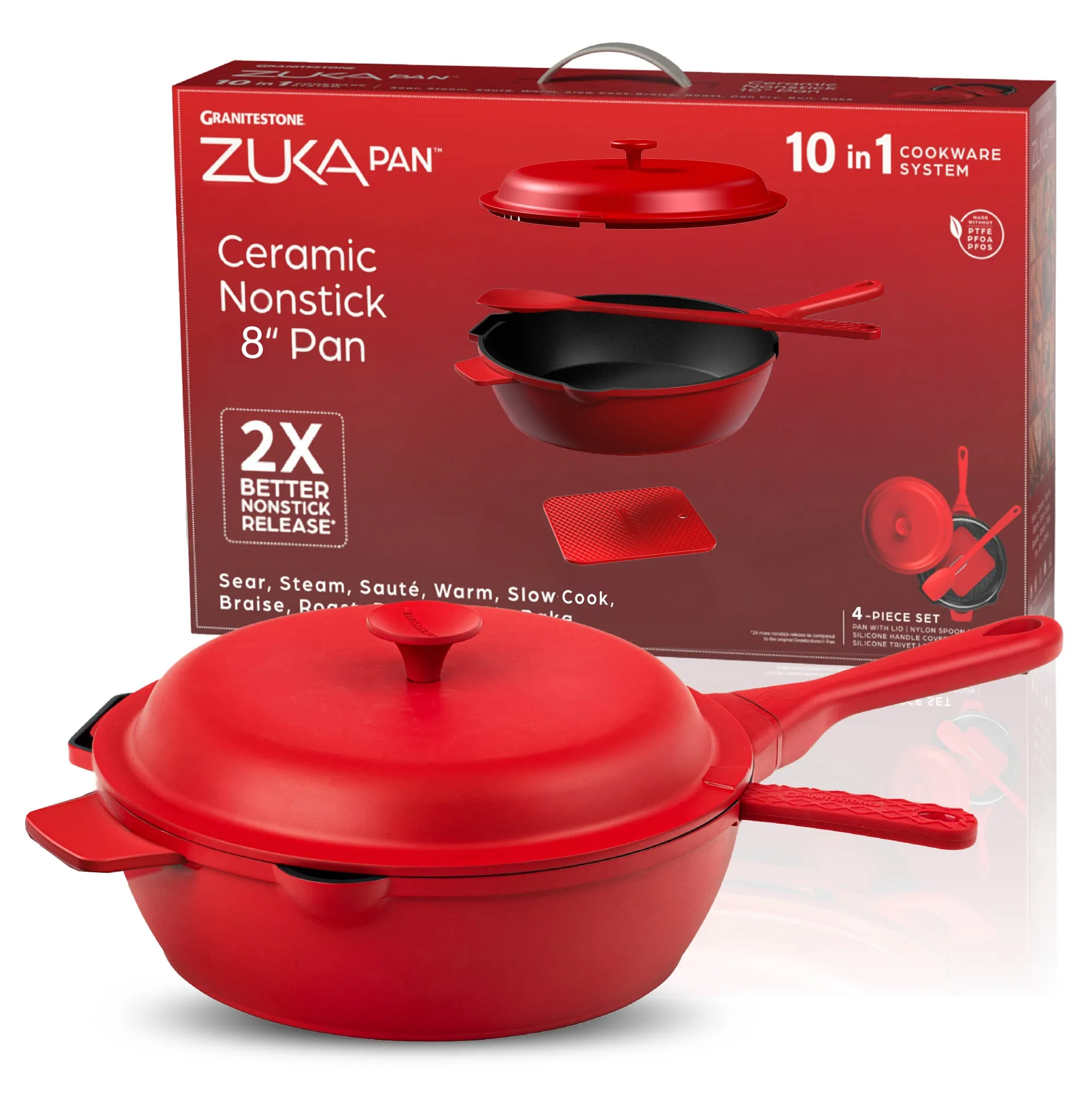 Granitestone 8" Zuka Pan – 4-Piece Multi-Functional Everyday Pan Set with Lid, & Nylon Spoon