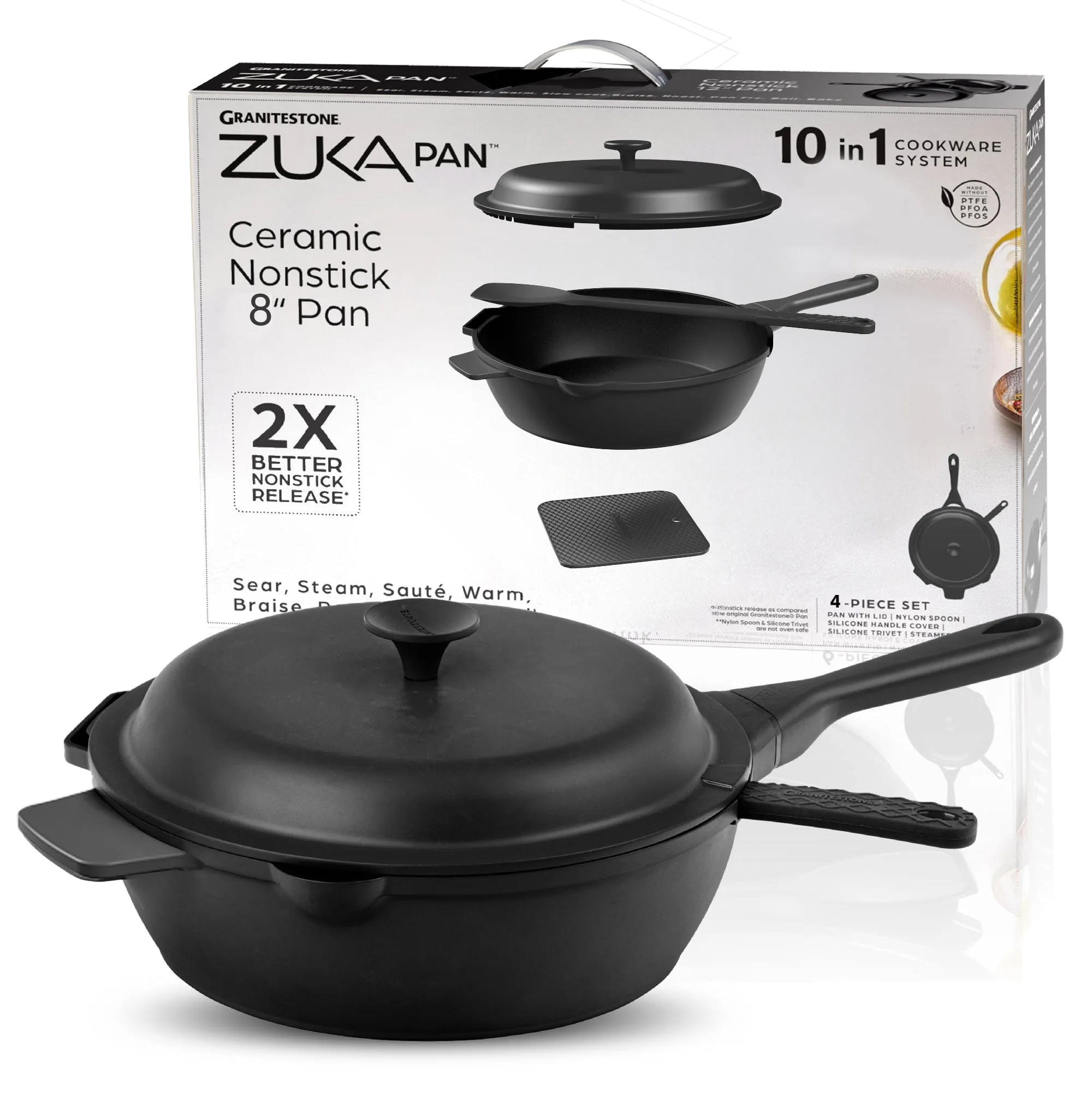 Granitestone 8" Zuka Pan – 4-Piece Multi-Functional Everyday Pan Set with Lid, & Nylon Spoon