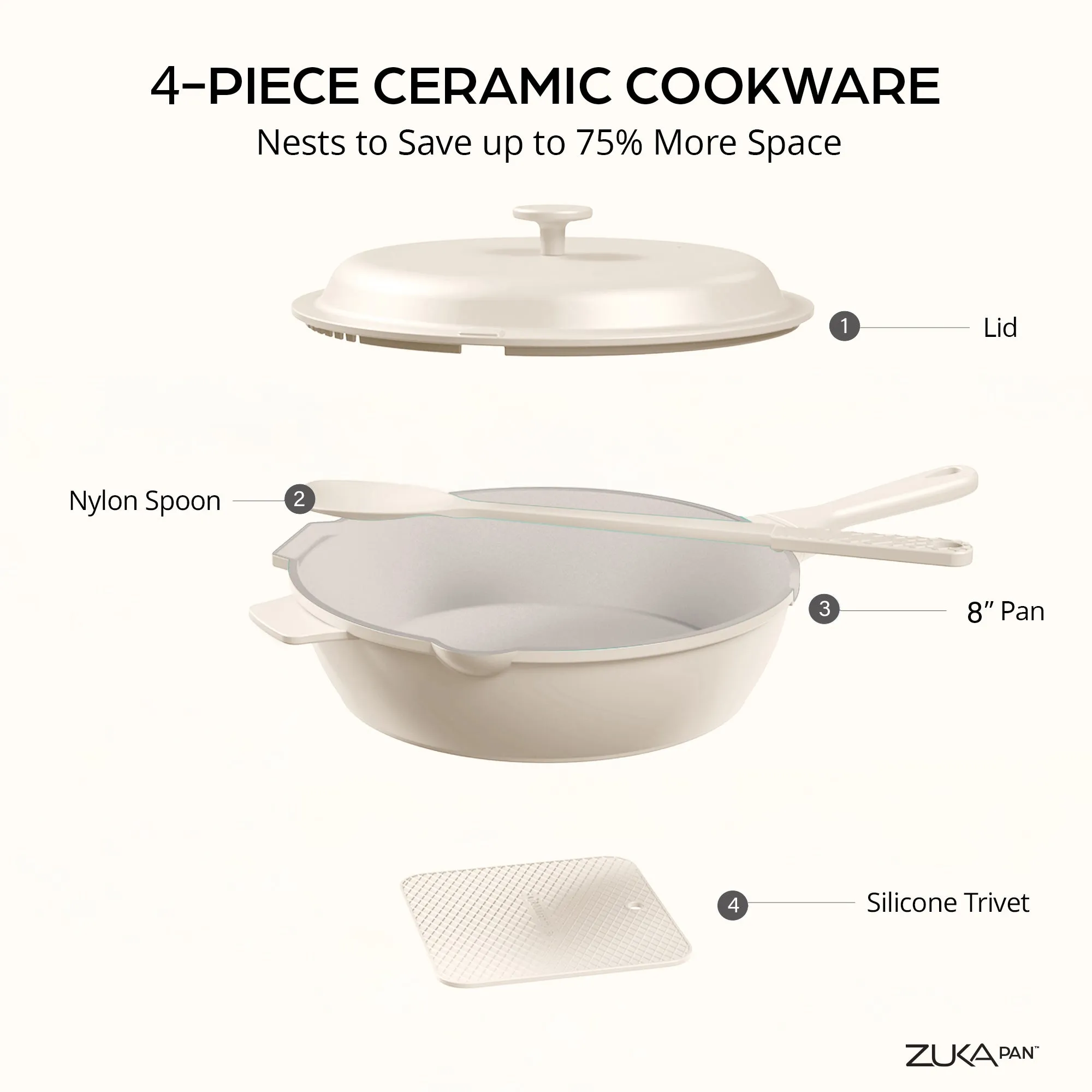 Granitestone 8" Zuka Pan – 4-Piece Multi-Functional Everyday Pan Set with Lid, & Nylon Spoon
