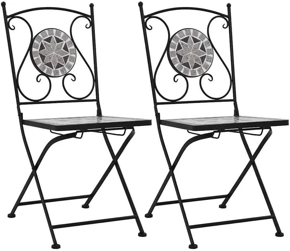 Gray Mosaic Bistro Chairs Set of 2 for Outdoor Patio Garden Balcony with Ceramic Seat and Sturdy Powder-Coated Iron Frame Decorative Accent Furniture