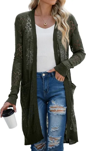 GRECERELLE Womens Lightweight Longer Length Cardigan Long Sleeve Casual Crochet Open-Front Sweater with Pockets