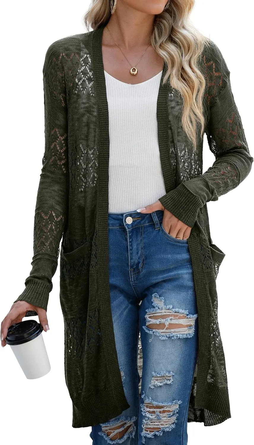 GRECERELLE Womens Lightweight Longer Length Cardigan Long Sleeve Casual Crochet Open-Front Sweater with Pockets