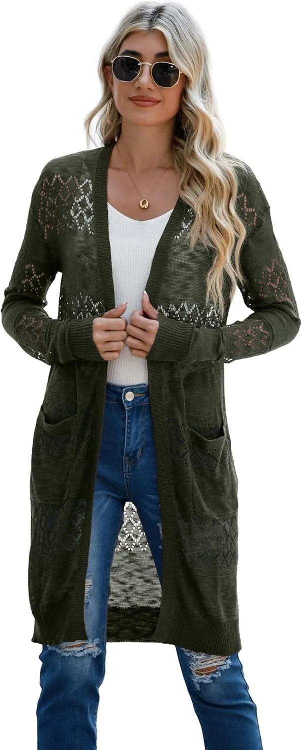 GRECERELLE Womens Lightweight Longer Length Cardigan Long Sleeve Casual Crochet Open-Front Sweater with Pockets