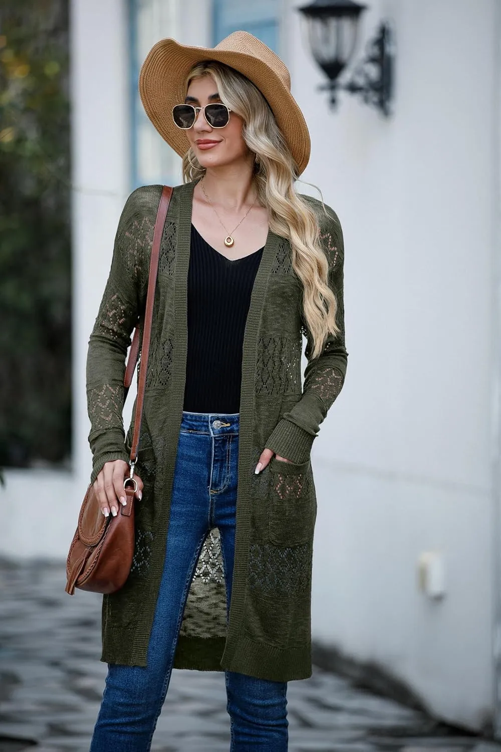 GRECERELLE Womens Lightweight Longer Length Cardigan Long Sleeve Casual Crochet Open-Front Sweater with Pockets