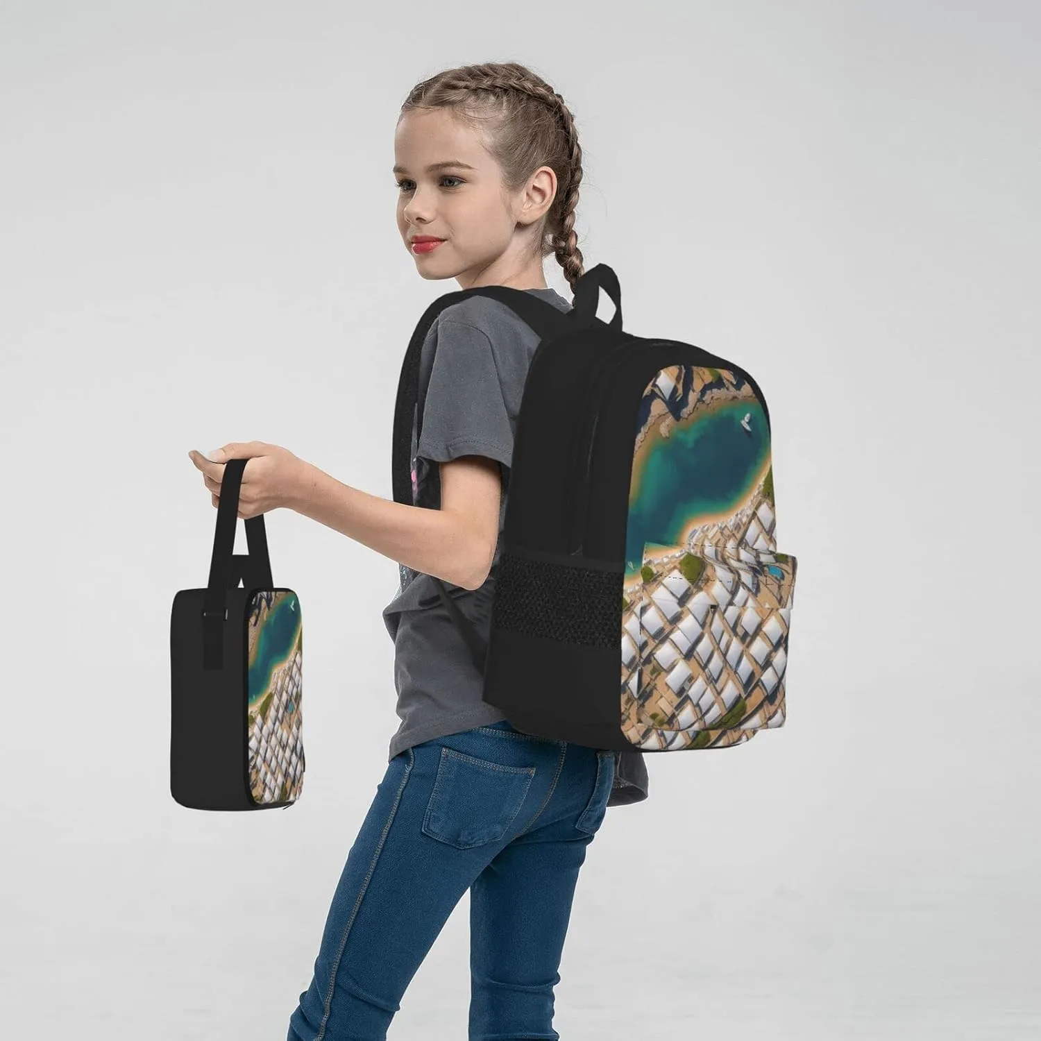 Greek Architecture Printed Patterns Three-Piece Backpack Set With Pocket Backpack Cross-Body Lunch Bag Pen Bag For Travel Daypack