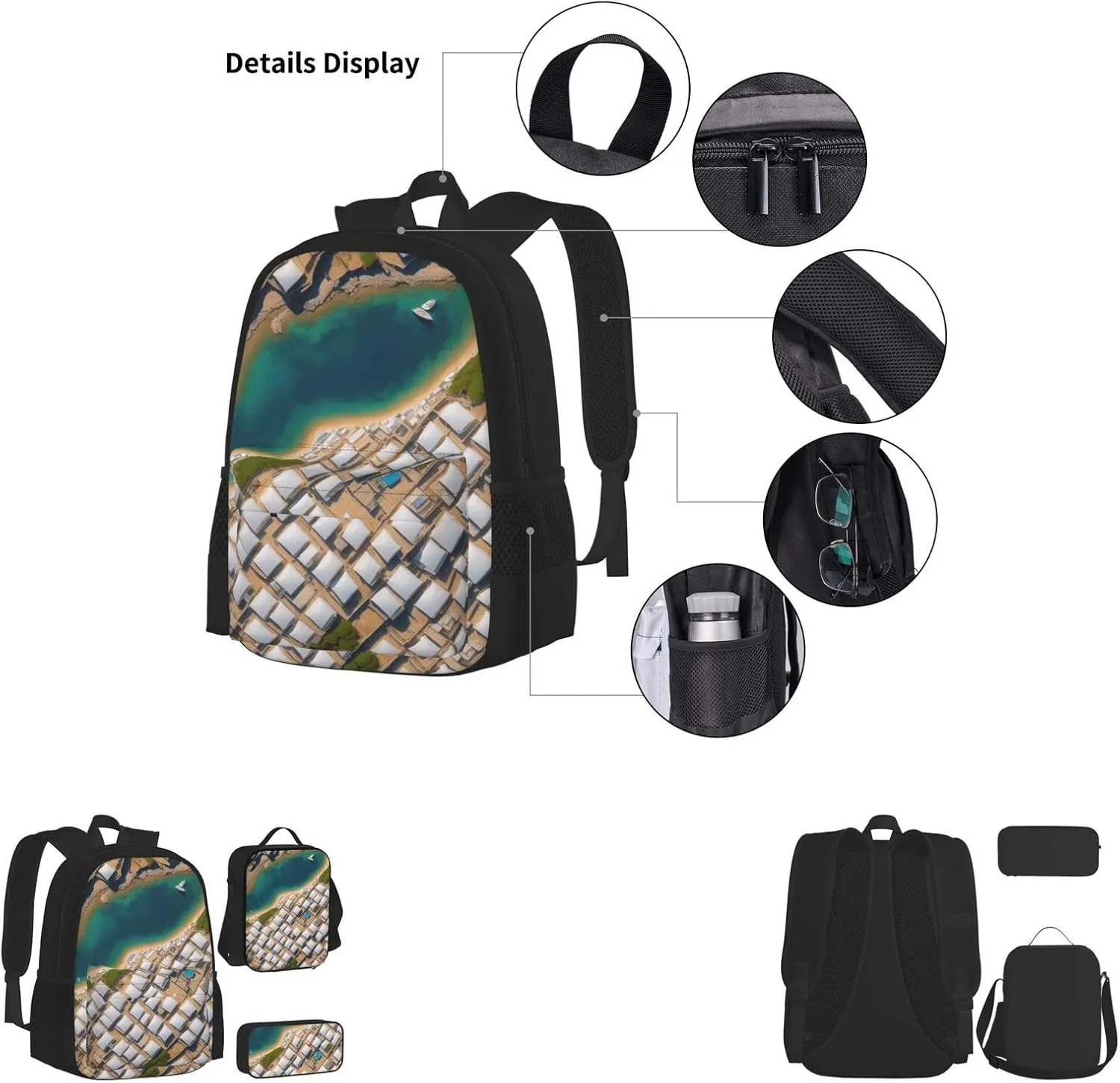 Greek Architecture Printed Patterns Three-Piece Backpack Set With Pocket Backpack Cross-Body Lunch Bag Pen Bag For Travel Daypack