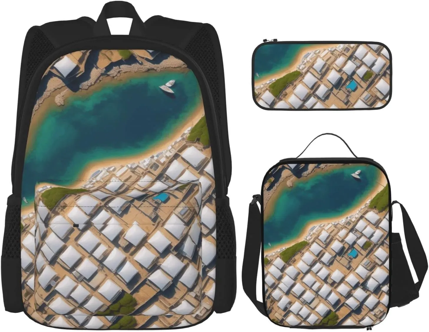 Greek Architecture Printed Patterns Three-Piece Backpack Set With Pocket Backpack Cross-Body Lunch Bag Pen Bag For Travel Daypack