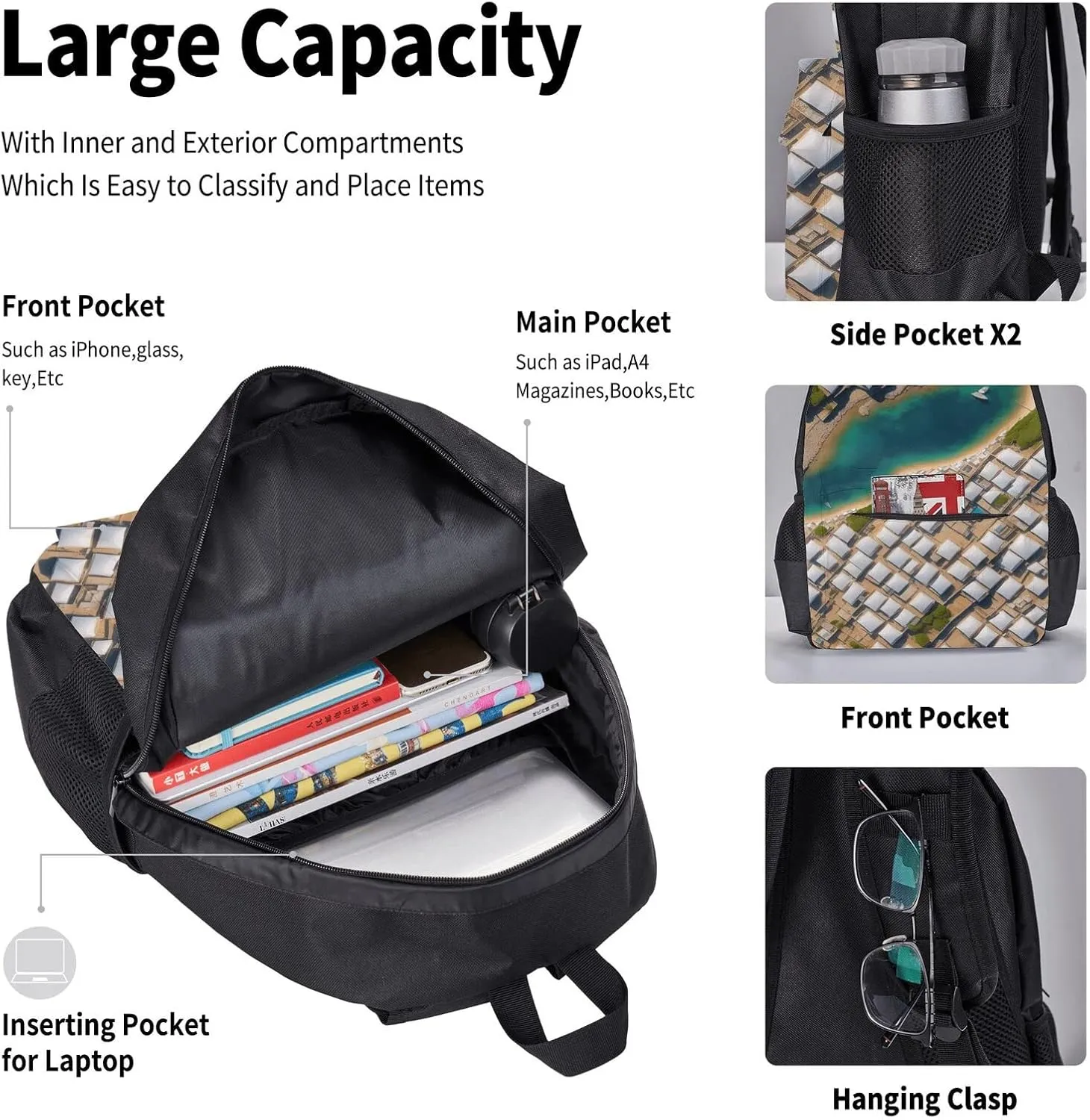 Greek Architecture Printed Patterns Three-Piece Backpack Set With Pocket Backpack Cross-Body Lunch Bag Pen Bag For Travel Daypack
