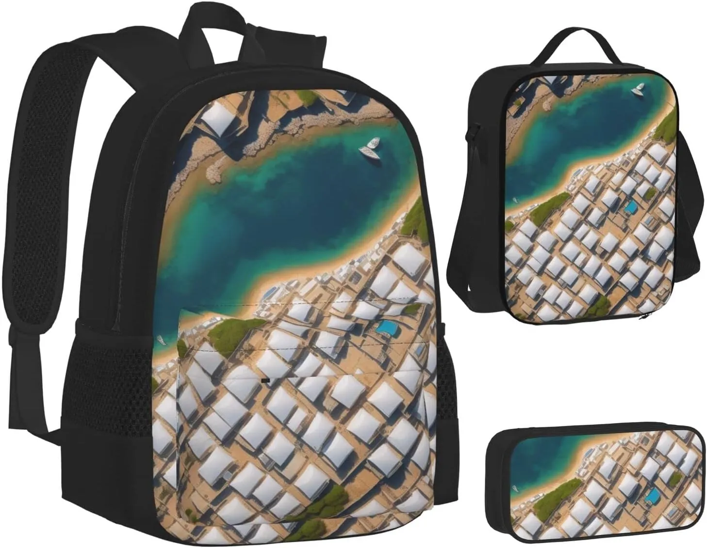 Greek Architecture Printed Patterns Three-Piece Backpack Set With Pocket Backpack Cross-Body Lunch Bag Pen Bag For Travel Daypack