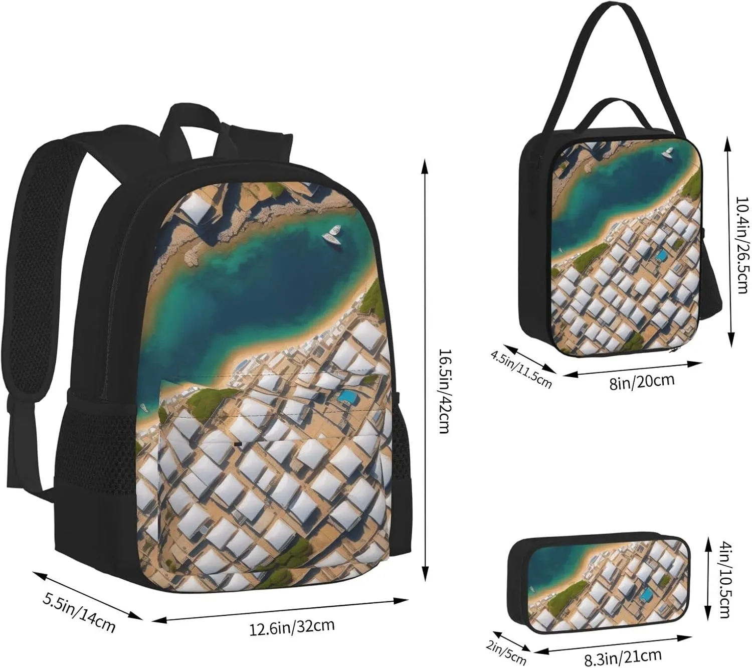 Greek Architecture Printed Patterns Three-Piece Backpack Set With Pocket Backpack Cross-Body Lunch Bag Pen Bag For Travel Daypack