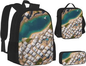 Greek Architecture Printed Patterns Three-Piece Backpack Set With Pocket Backpack Cross-Body Lunch Bag Pen Bag For Travel Daypack