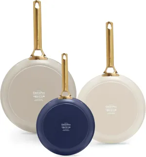 GreenPan 3 Piece Frying Pan Set, Induction Compatible 8” 10” & 12” Skillets, Ceramic Nonstick PFOA & PFAS-Free, Hard Anodized, Gold Handles, Dishwasher and Oven Safe, Navy, Taupe, Cream