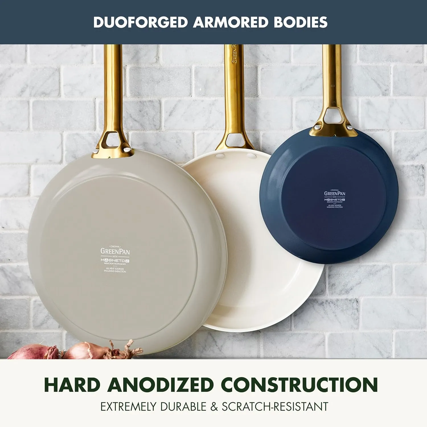 GreenPan 3 Piece Frying Pan Set, Induction Compatible 8” 10” & 12” Skillets, Ceramic Nonstick PFOA & PFAS-Free, Hard Anodized, Gold Handles, Dishwasher and Oven Safe, Navy, Taupe, Cream